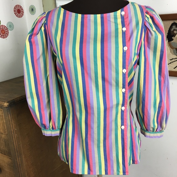 Vintage Tops - 1980s Cotton Candy Carnival Blouse Pastel Stripes
